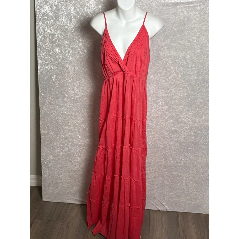 OVS Coral Red Cotton Tiered Maxi Dress Boho Sundress Vacation Smocked Back L/XL